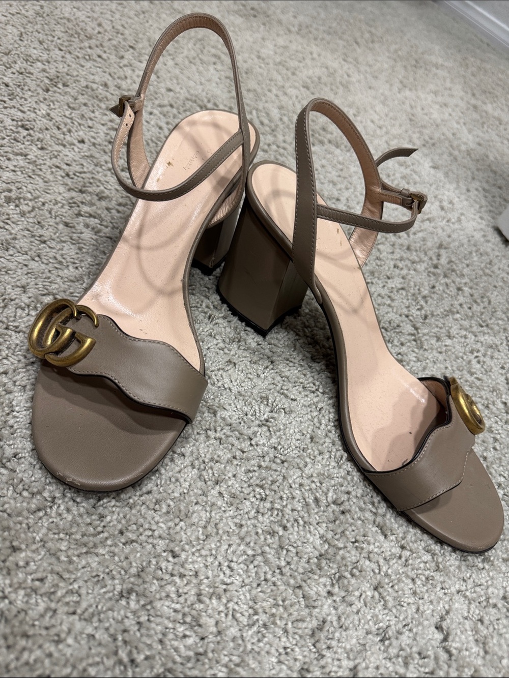 GUCCI Taupe Block Heel Sandals with Gold Accent